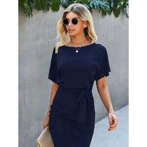 Supreme Fashion Midi Dress Womens Sz M Blue Petal Sleeve Ruffle Belted Chic NWT